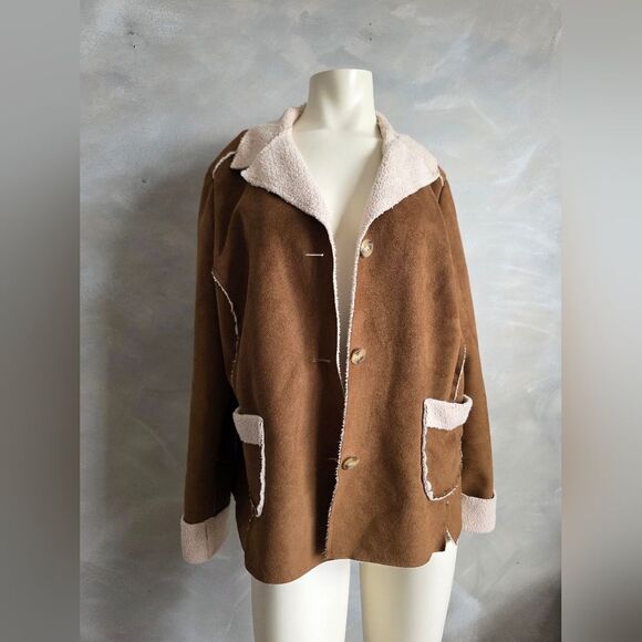 J. Jill Jackets & Blazers - J Jill Jacket Faux Suede Shearling Button  Jacket Parka Lightweight Sz XL Brown